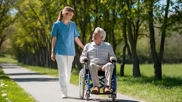 Nurse from care home and senior man in wheelchair walking outdoors