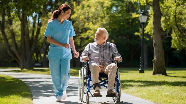 Nurse from care home and senior man in wheelchair walking outdoors