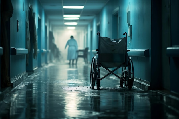 Nurse Guiding Wheelchair in Hospital Corridor Generative AI