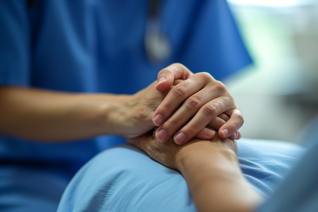 Photo nurse hands are touching patients hand on table