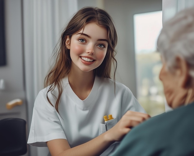 A nurse happily helping an elderly woman in a nursing home