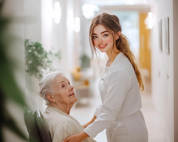 A nurse happily helping an elderly woman in a nursing home