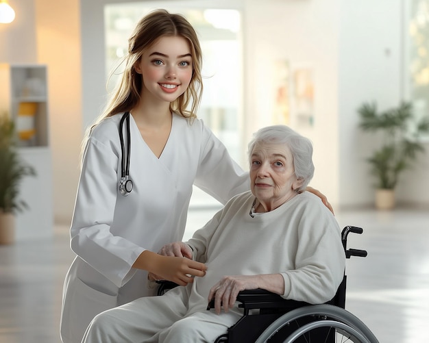 A nurse happily helping an elderly woman in a nursing home