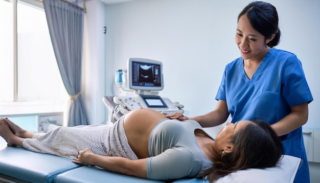 A nurse helping a pregnant woman prepare for a prenatal ultrasound in a brightly lit imaging room