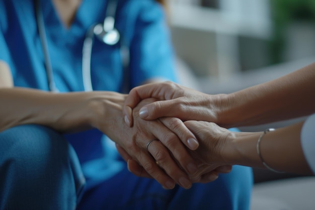 Nurse holding hands with patient support and healthcare concept