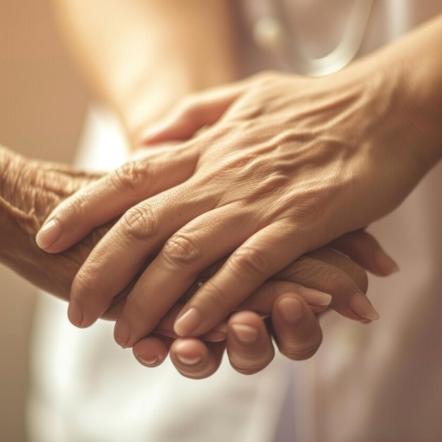 Nurse holding hands with patient support and healthcare concept