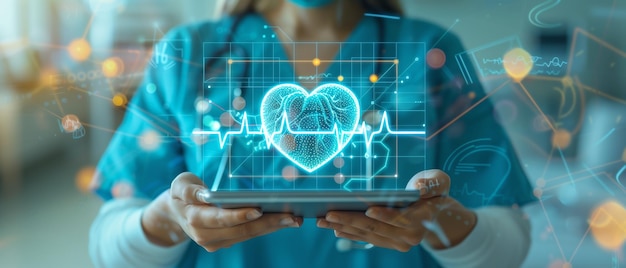 Nurse holding a tablet with a holographic stethoscope icon and a heart rate icon