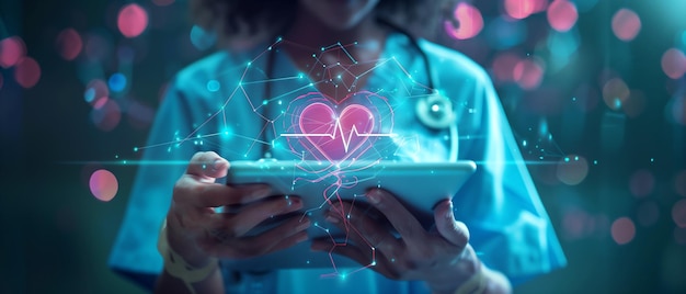 Nurse holding a tablet with a holographic stethoscope icon and a heart rate icon