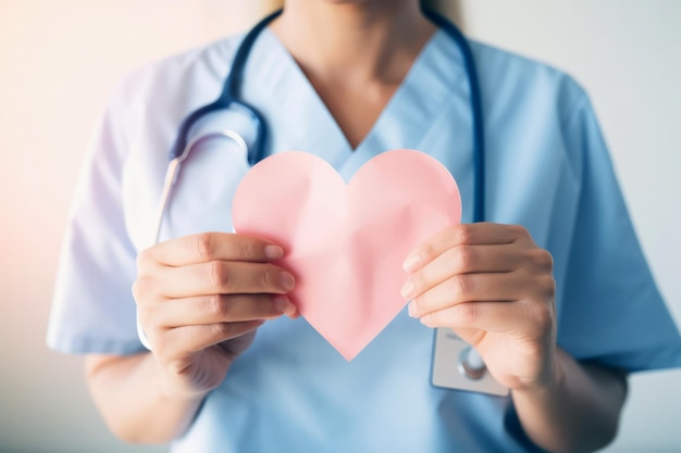 A nurse holds a pink paper heart in her hands.