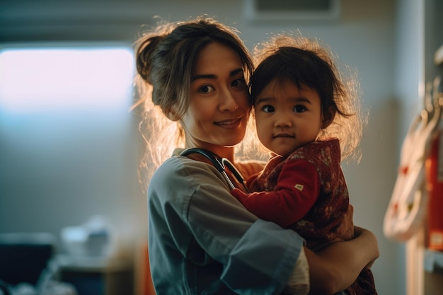 A nurse holds a young girl in her arms.