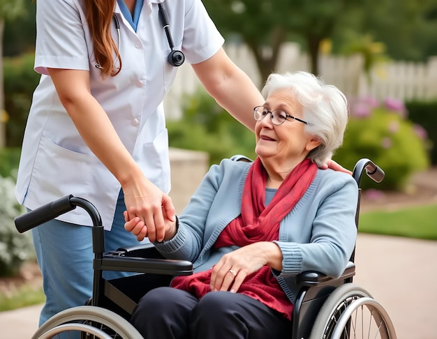 Photo a nurse is helping an elderly woman with a walker