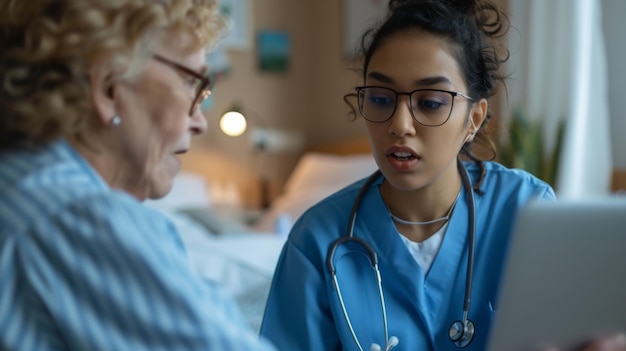 A nurse is showing something on a tablet to an elderly patient in a home setting demonstrating healthcare and patient education