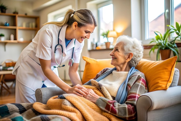 a nurse is sitting on a couch with a blanket and an elderly woman