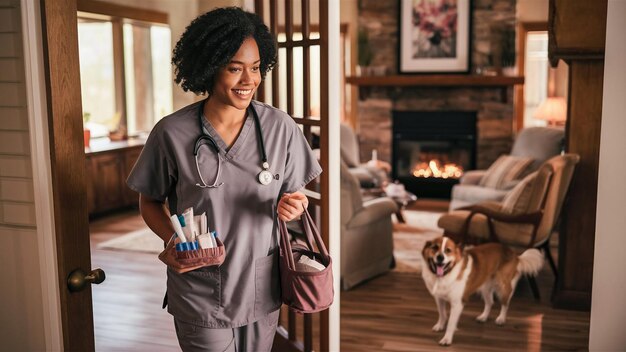 a nurse is walking with a dog and a box of tissues