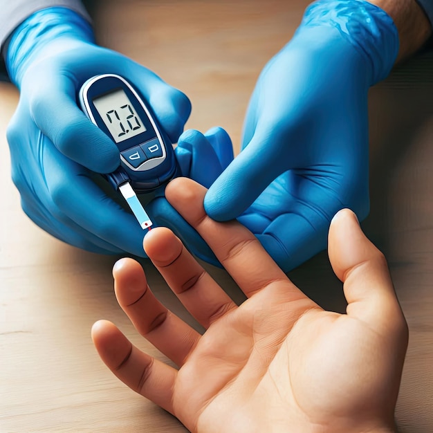 Photo nurse making a blood test mans hand with red blood drop with blood glucose test strip and glucose meter