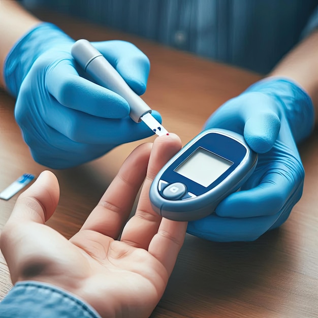 Photo nurse making a blood test mans hand with red blood drop with blood glucose test strip and glucose meter