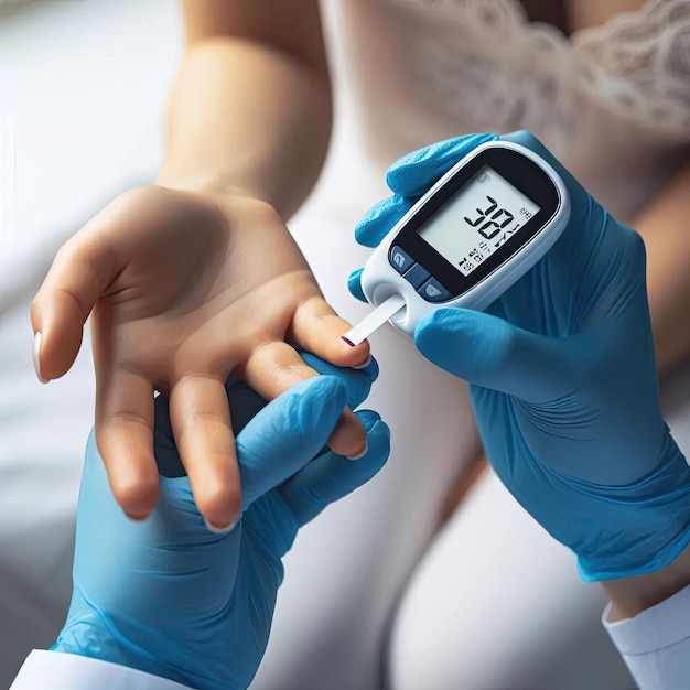 Nurse making a blood test Mans hand with red blood drop with Blood glucose test strip and Glucose meter