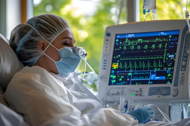 Photo nurse monitoring patient s condition during critical care in intensive unit