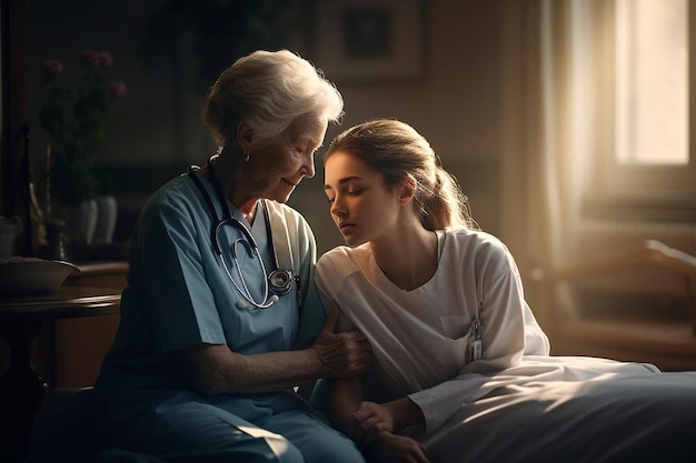 a nurse and a nurse are holding hands together.