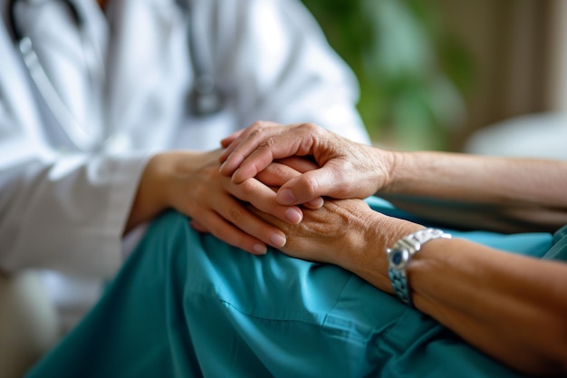 Photo a nurse and patient are laying hands down and touching their fingertips