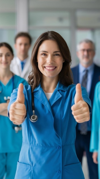 Nurse portrait full length giving thumbs up in front of a medical team