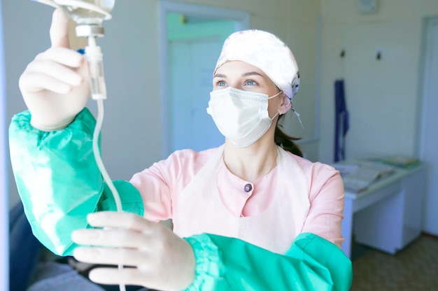 Nurse preparing drop counter to a patient for procedure in hospital