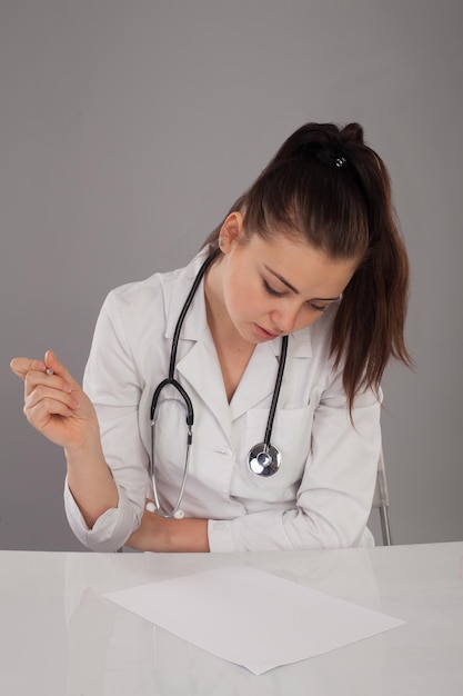 Nurse in  robe and with stethoscope on her neck is making a report at the table against