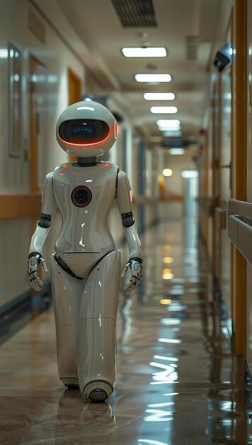 Nurse robot navigating through a senior care facility providing companionship and medical assistance to elderly residents