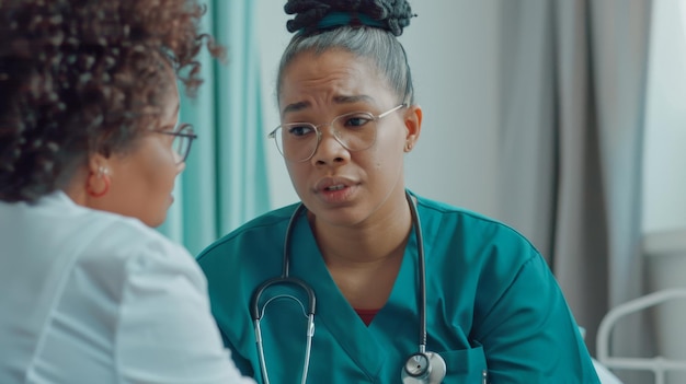 A nurse in scrubs listens intently to an older patient during a medical consultation