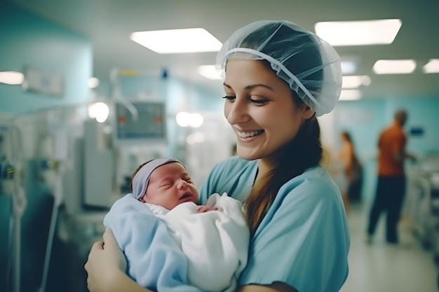 nurse stands in the maternity ward and holds a newborn baby in her arms