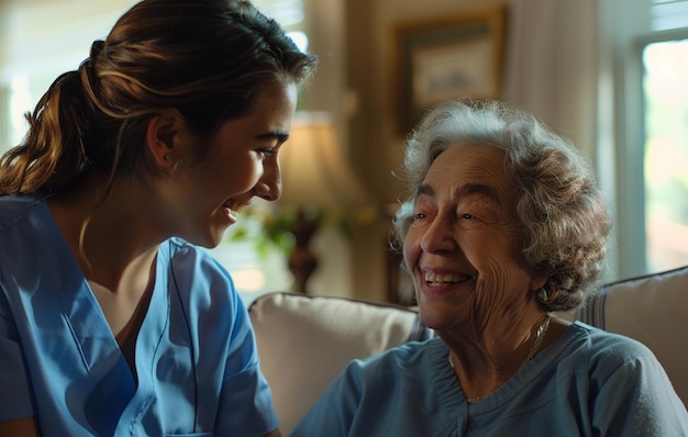 nurse talking to an elderly woman in a living room generative ai