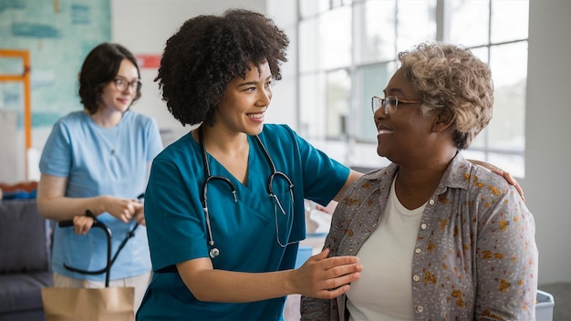 a nurse talking to a nurse with a stethoscope around her neck