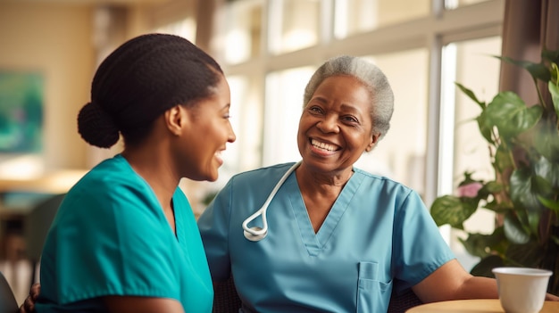 A nurse talks to a patient senior