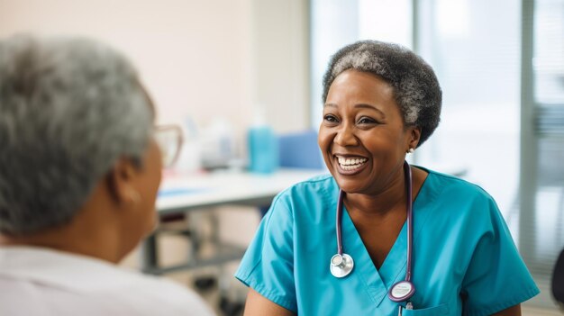 A nurse talks to a senior patient