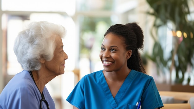 A nurse talks to a senior patient