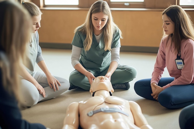 Photo nurse teaching students how to provide first aid to medical manikin on floor