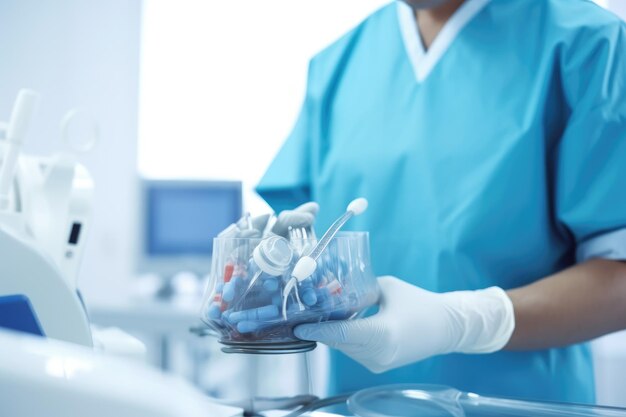 A nurse wearing a blue scrubs holds a container of medical equipment