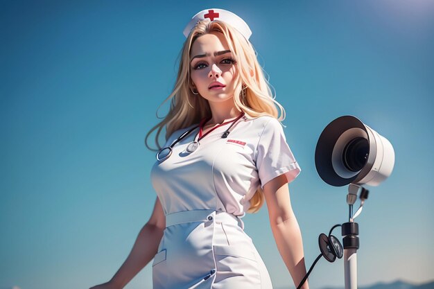 A nurse in a white uniform stands in front of a blue sky.