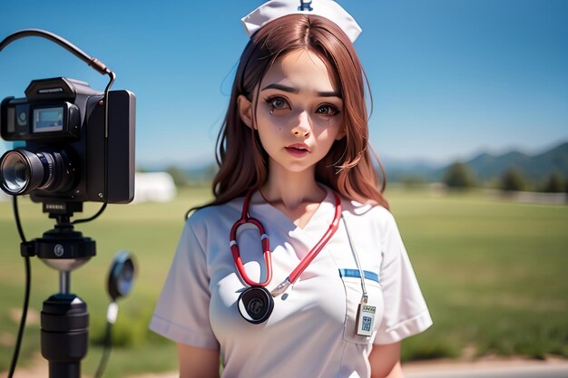 A nurse in a white uniform stands in front of a field.