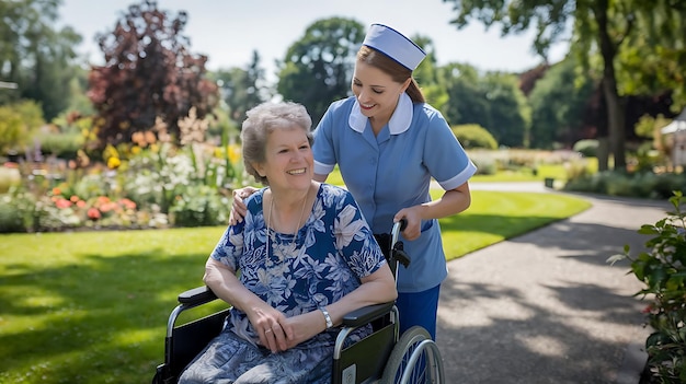 Photo a nurse with a nurse in a wheelchair with a nurse in the background