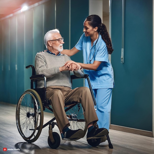 a nurse with a wheelchair gives an old man a walking cane healthcare workers highlighting a Health