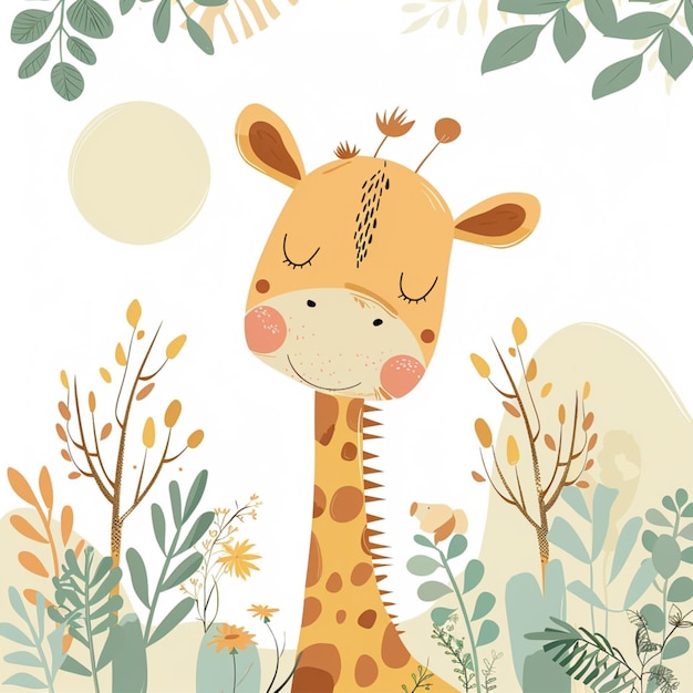 nursery art safari theme of a cute giraffe character in soft dreamy colors