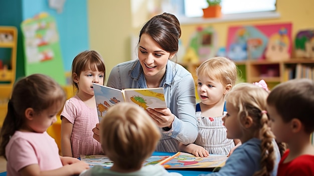 nursery preschool children kids studying learning in a class with teacher