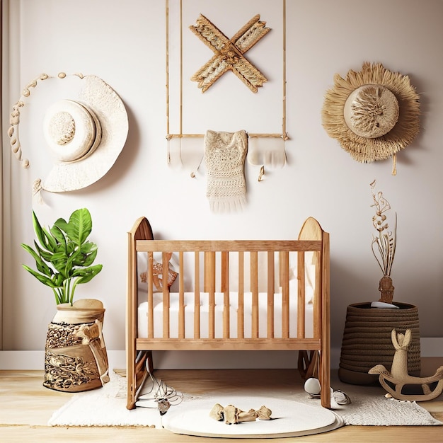 Nursery room mockup boho 3d rendering