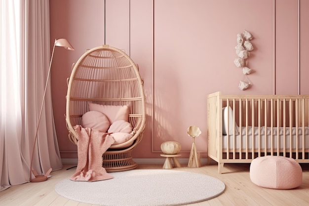 Nursery room with pink decor for a baby girl Generative AI