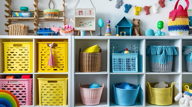 Photo nursery room with shelves and colourful storage baskets rainbow wooden toys space or generative ai