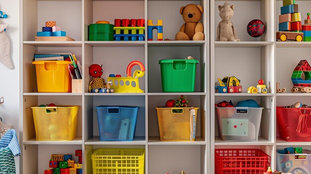 Photo nursery room with shelves and colourful storage baskets rainbow wooden toys space or generative ai