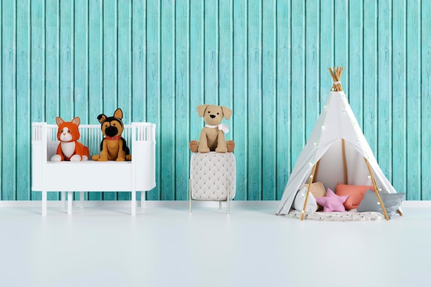 Nursery room with stuffed toy animals 3d rendered illustration