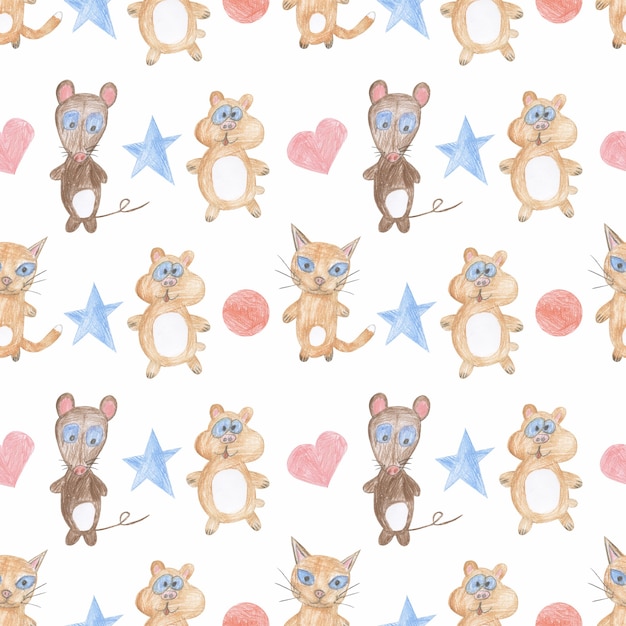 Nursery Seamless Pattern Cute animals repeat paper Cat mouse hamster print for fabric