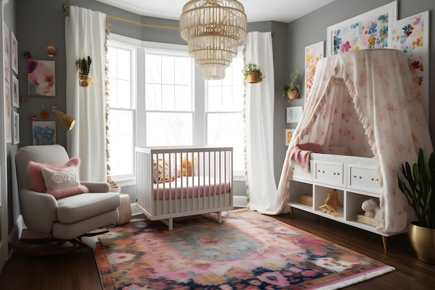 A nursery with a crib and a chandelier hanging from the ceiling.